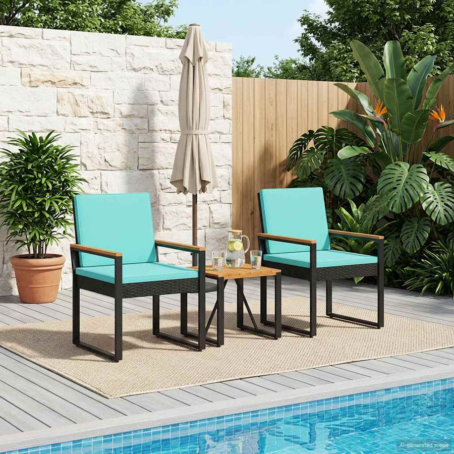 Buitenmeubelset met kussen 3 pcs Zwart en Turquoise poly rattan