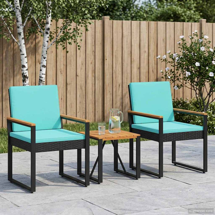 Buitenmeubelset met kussen 3 pcs Zwart en Turquoise poly rattan