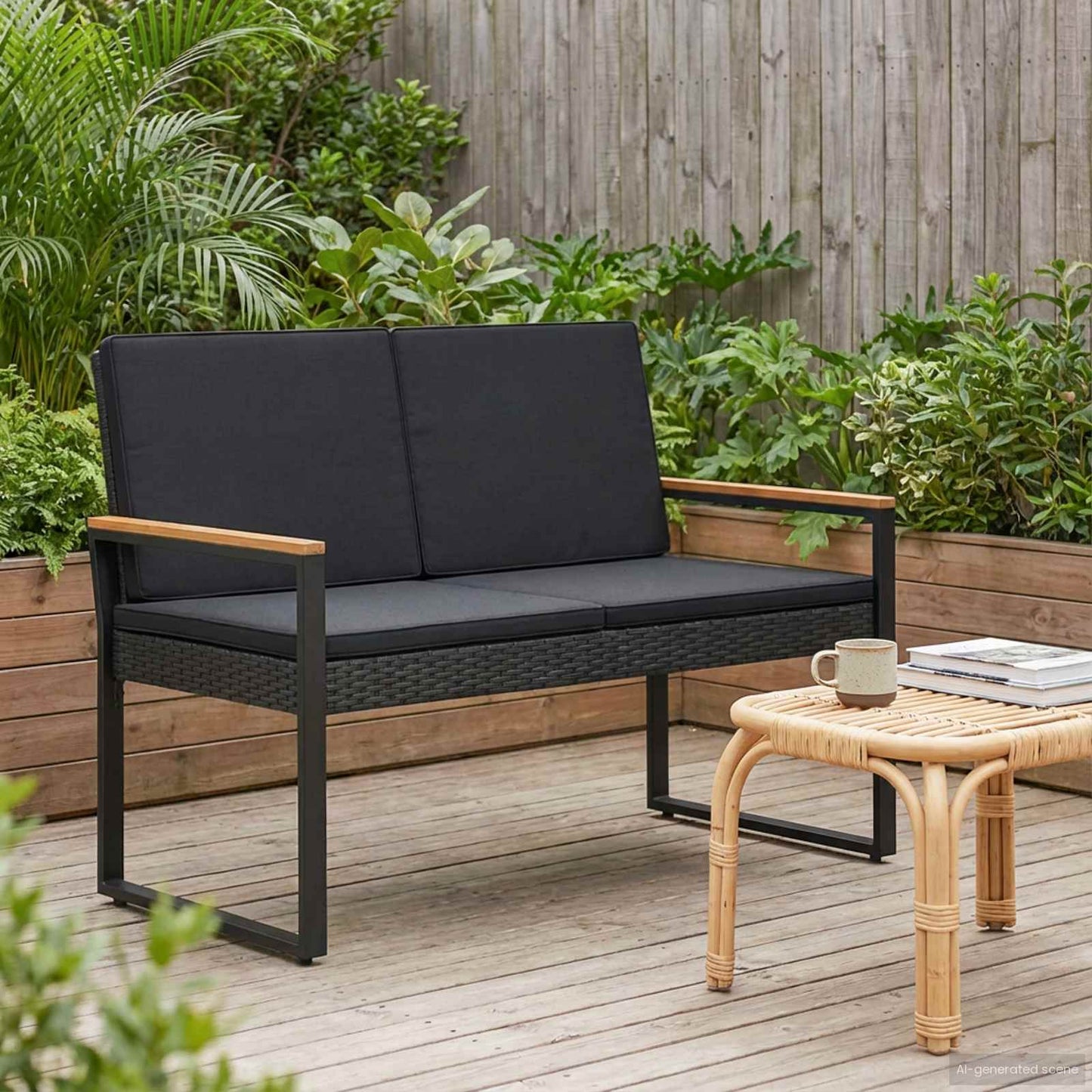 Tuinbank met kussen Zwart 107 x 61 x 80 cm poly rattan