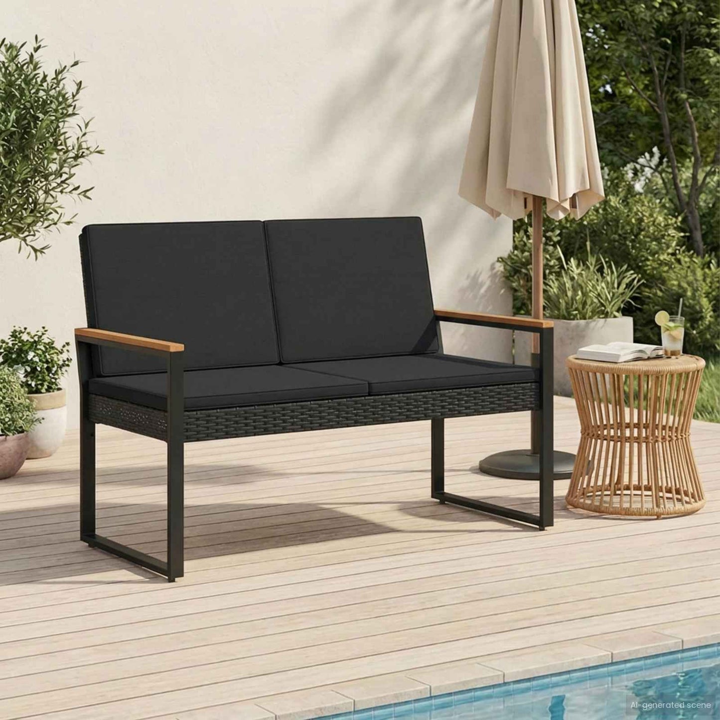 Tuinbank met kussen Zwart 107 x 61 x 80 cm poly rattan