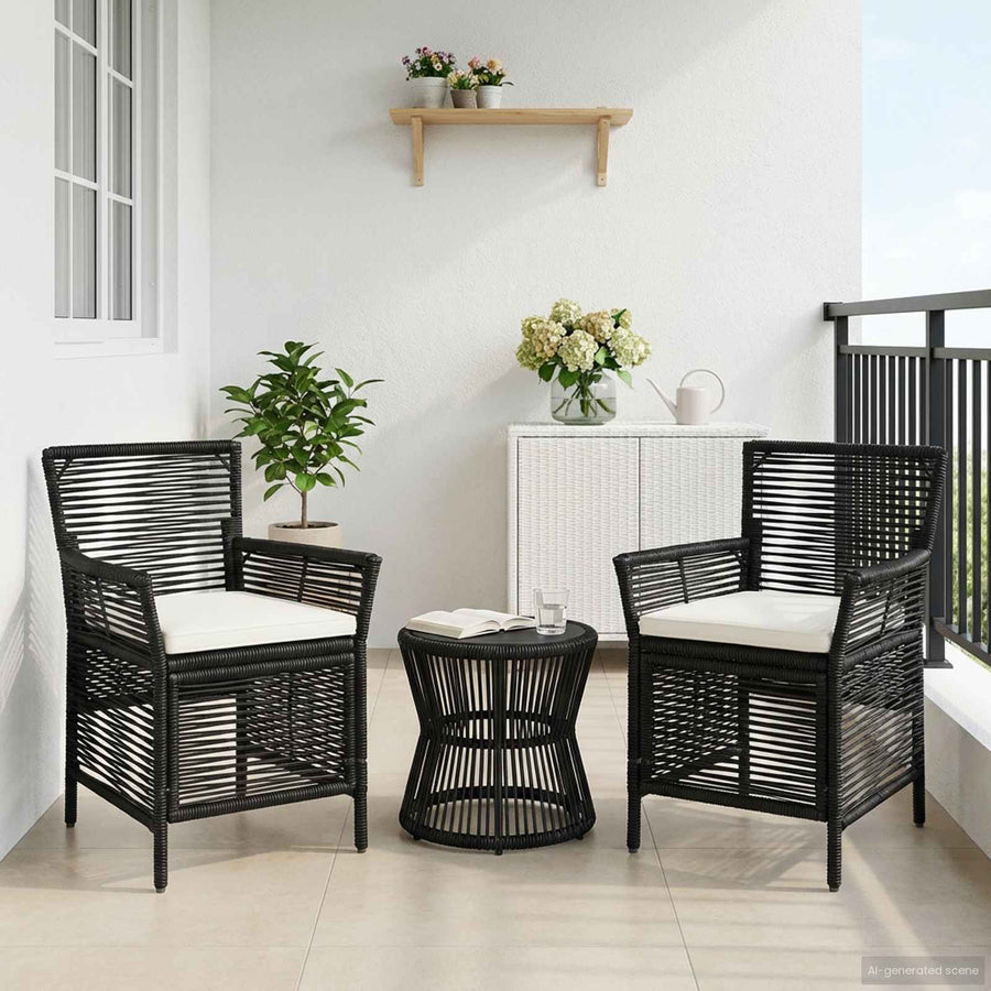 Buitenstoel met kussen 2 pcs Zwart en Crème poly rattan