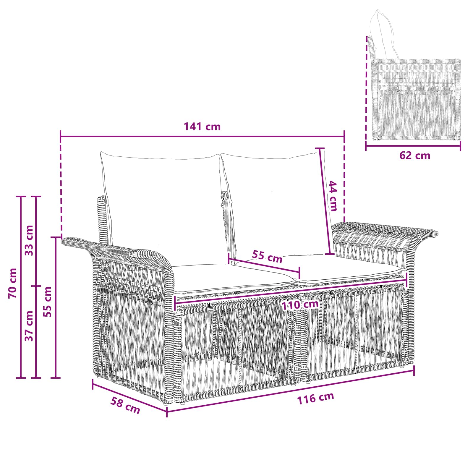 Tuinbank 2-Aantal zitplaatsen Zwart poly rattan