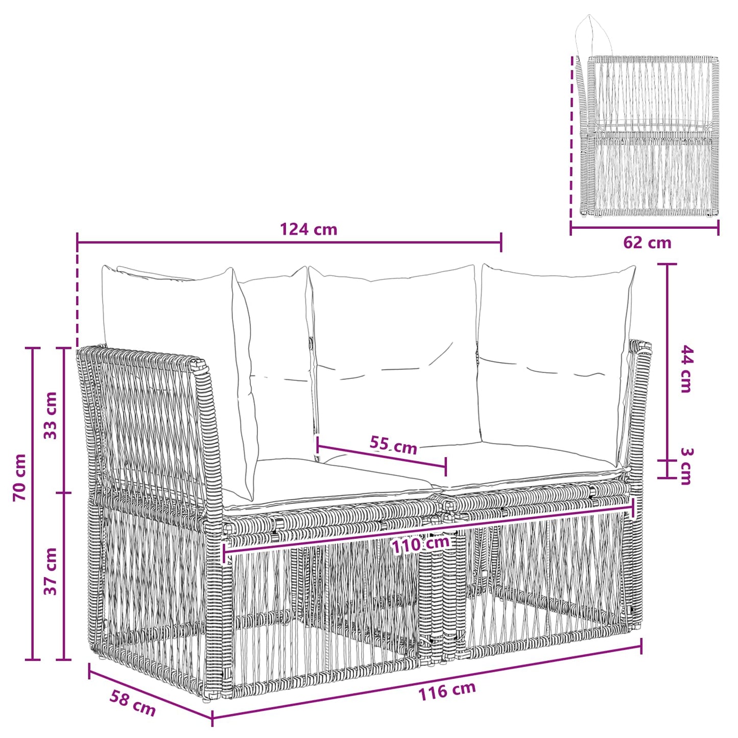 Tuinbank 2-Aantal zitplaatsen Zwart poly rattan