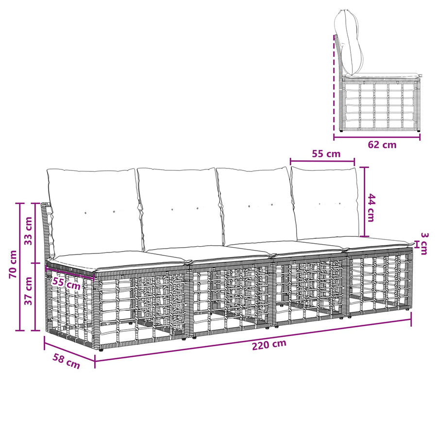 4-Zits Tuin Sofa Armloos met kussen 4 pcs Zwart poly rattan