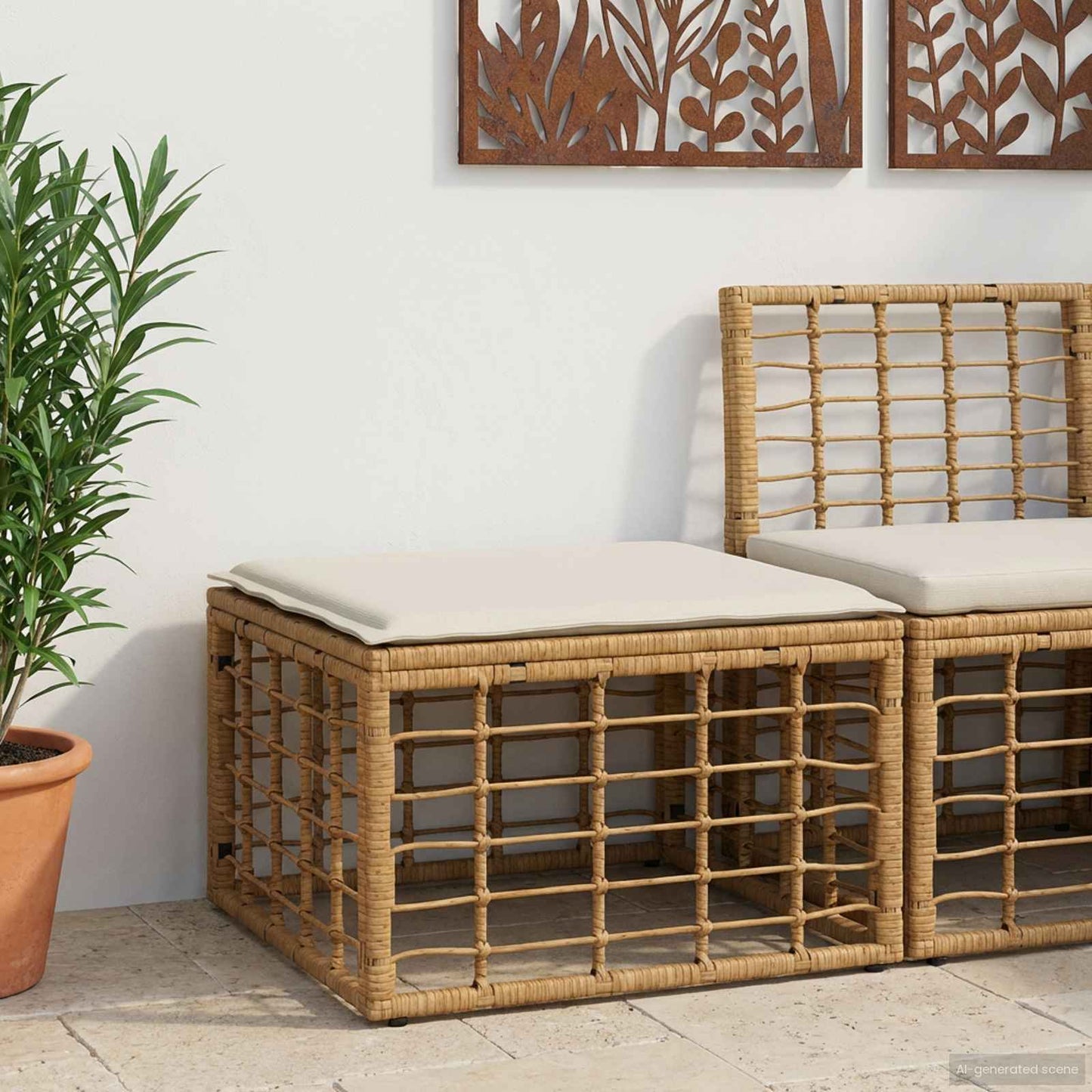 Tuinvoetenbank met kussen Naturel 55 x 55 x 37 cm poly rattan