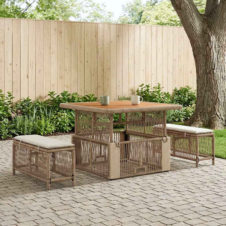 Tuin eettafelset met kussen 3 pcs Beige en Crème poly rattan