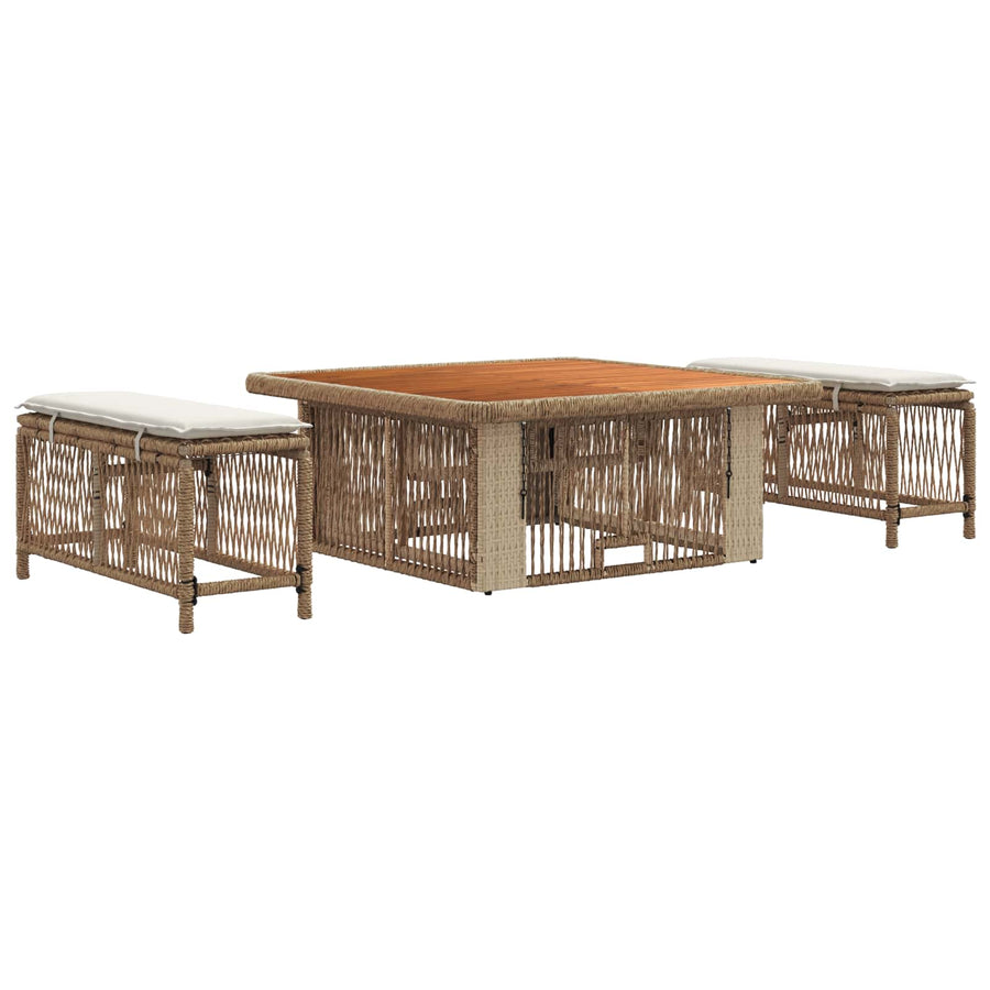 Tuin eettafelset met kussen 3 pcs Beige en Crème poly rattan