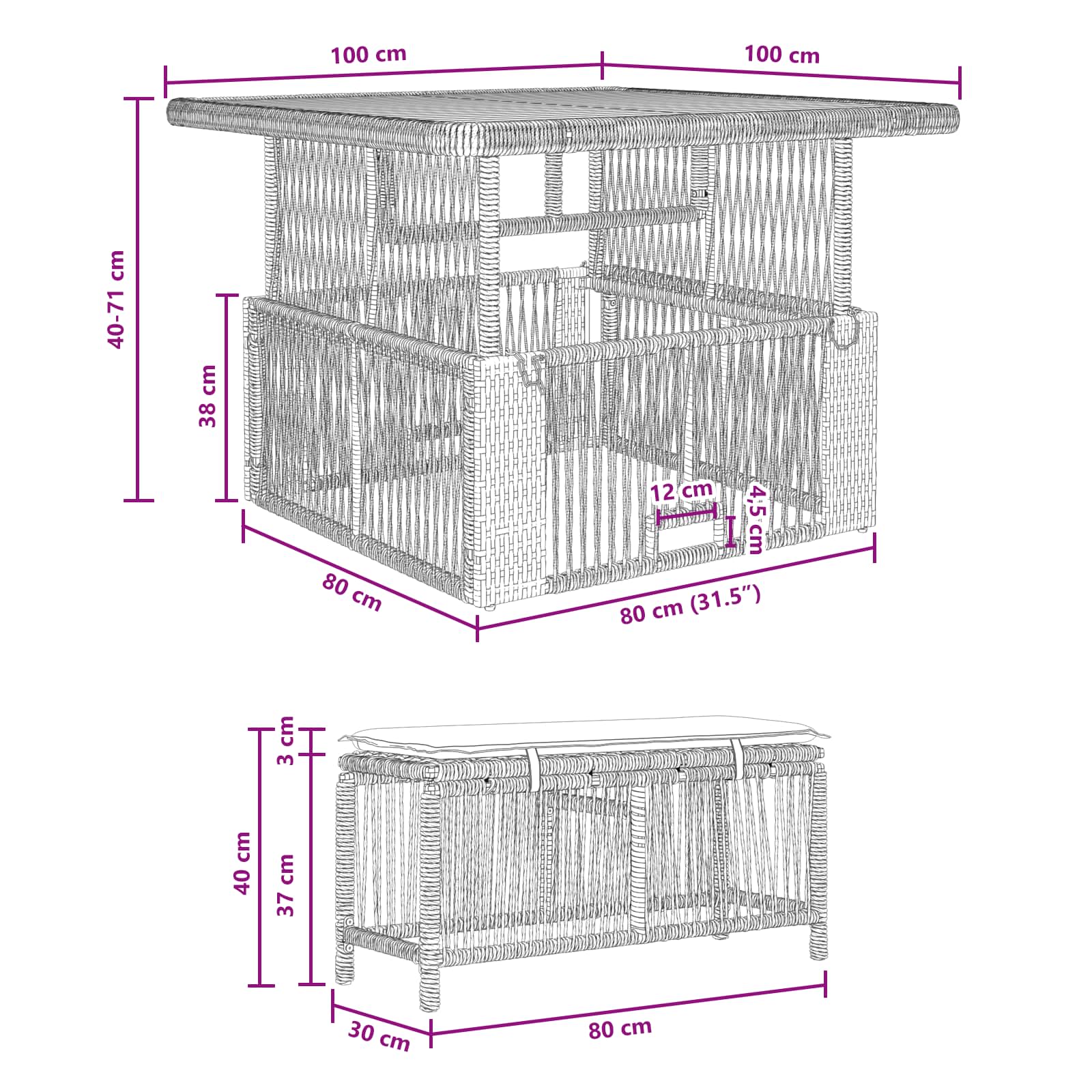 Tuin eettafelset met kussen 3 pcs Beige en Crème poly rattan