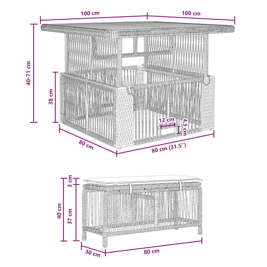 Tuin eettafelset met kussen 3 pcs Beige en Crème poly rattan