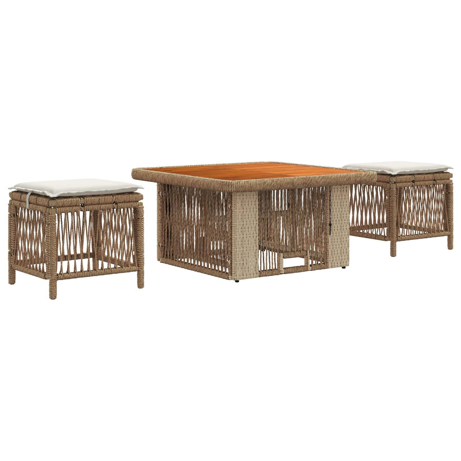 Tuin eettafelset met kussen 3 pcs Beige en Crème poly rattan
