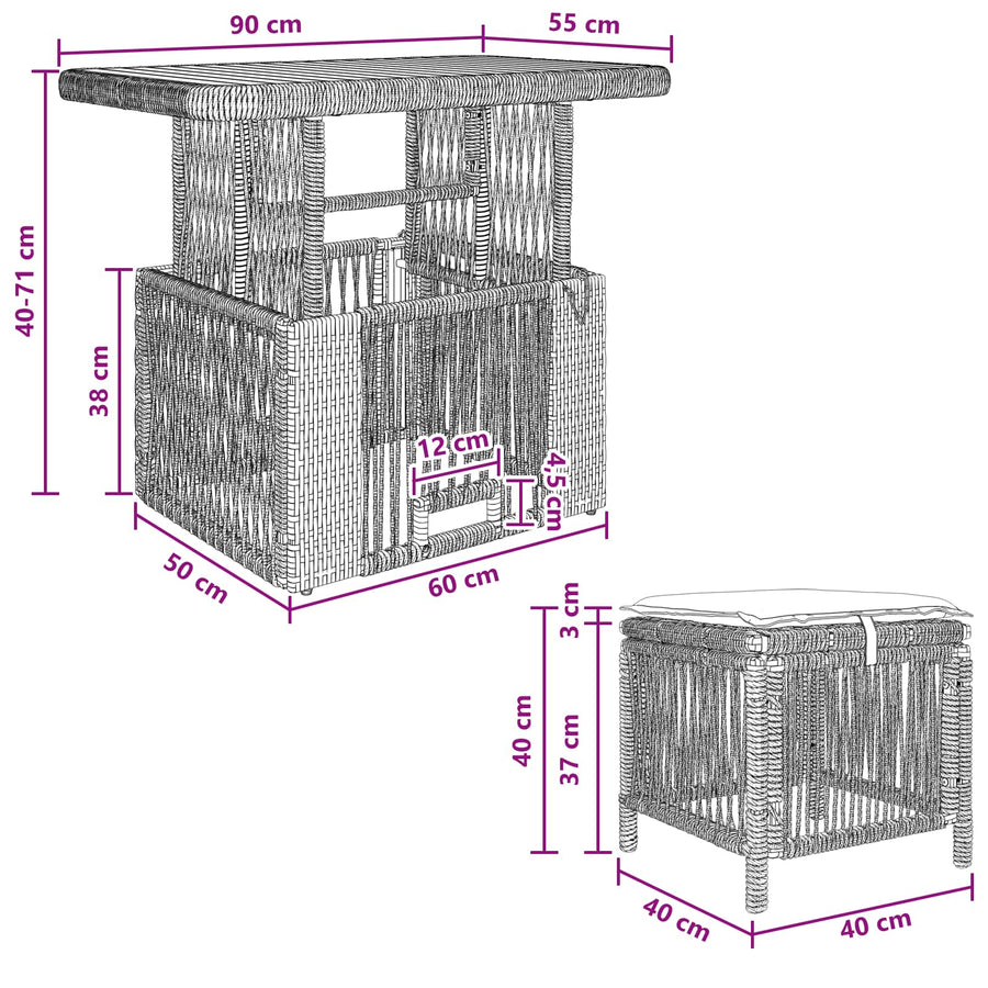 Tuin eettafelset met kussen 3 pcs Zwart en Crème poly rattan