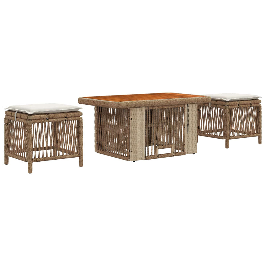 Tuin eettafelset met kussen 3 pcs Beige en Crème poly rattan