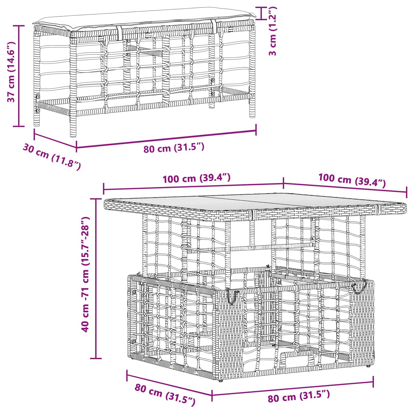 Tuin eettafelset 3 pcs Zwart en Grijs Poly Riet en Acaciahout