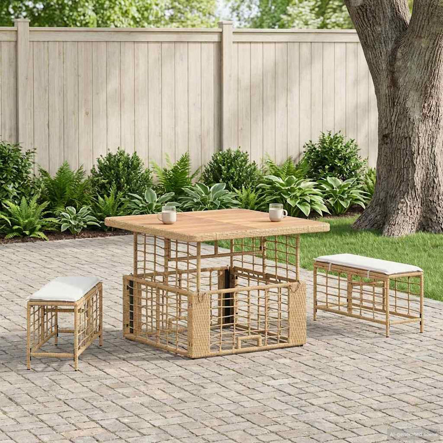 Tuin eettafelset 3 pcs Natuur en Wit Poly Riet en Acaciahout