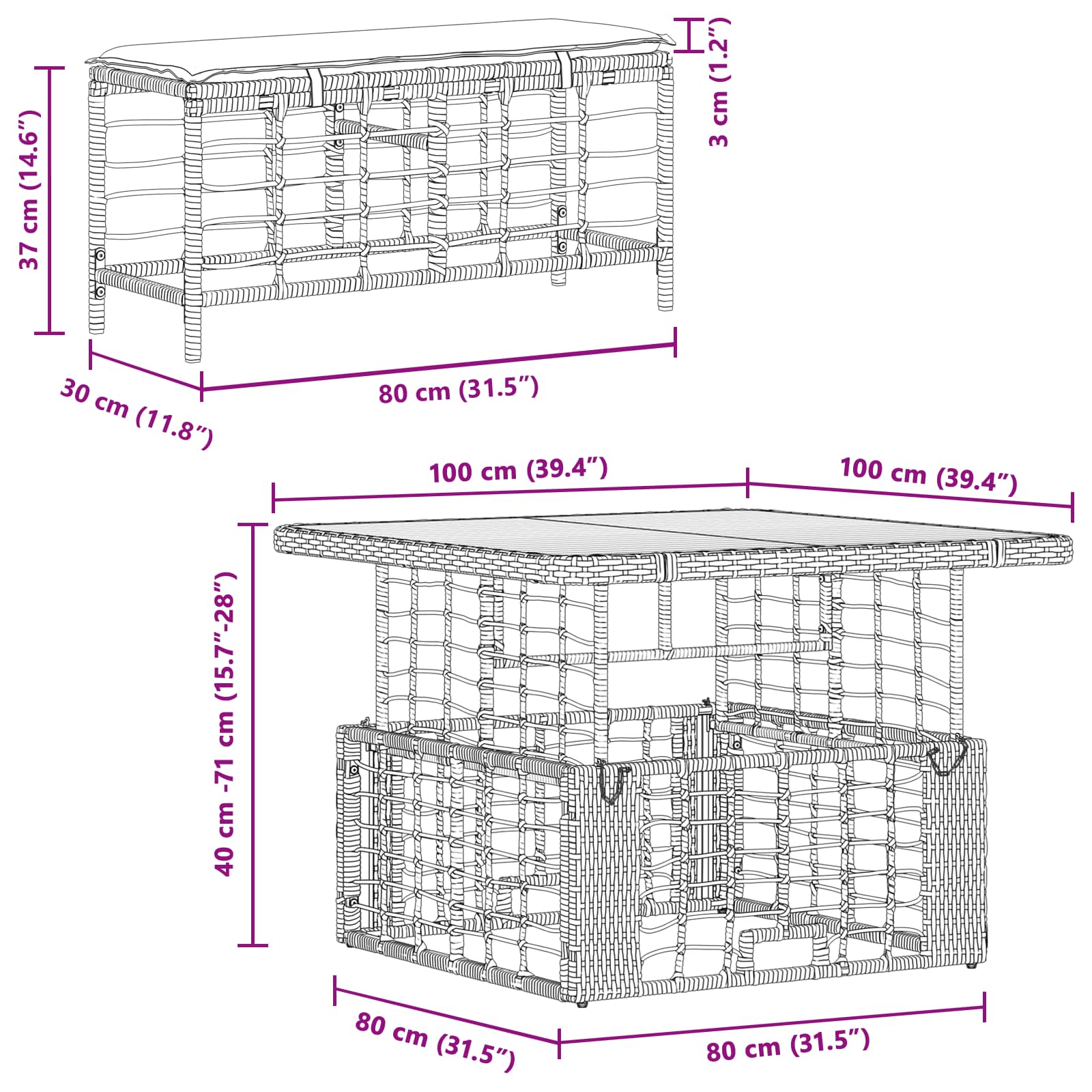 Tuin eettafelset 3 pcs Natuur en Wit Poly Riet en Acaciahout