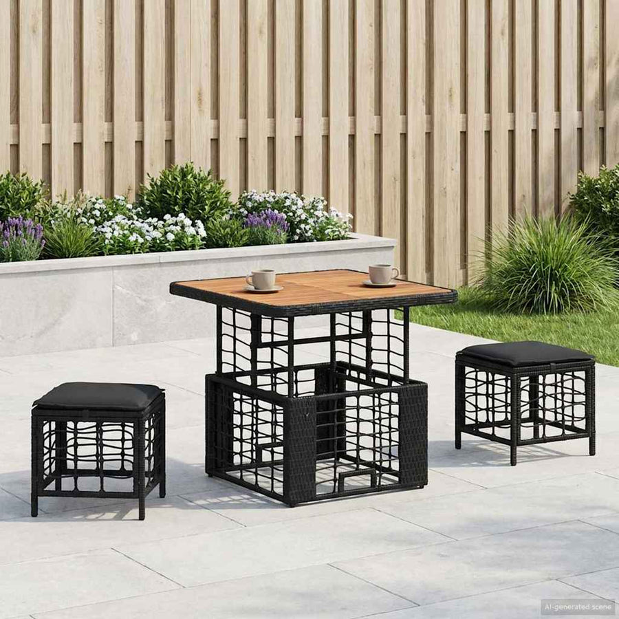 Tuin eettafelset 3 pcs Zwart en Grijs Poly Riet en Acaciahout