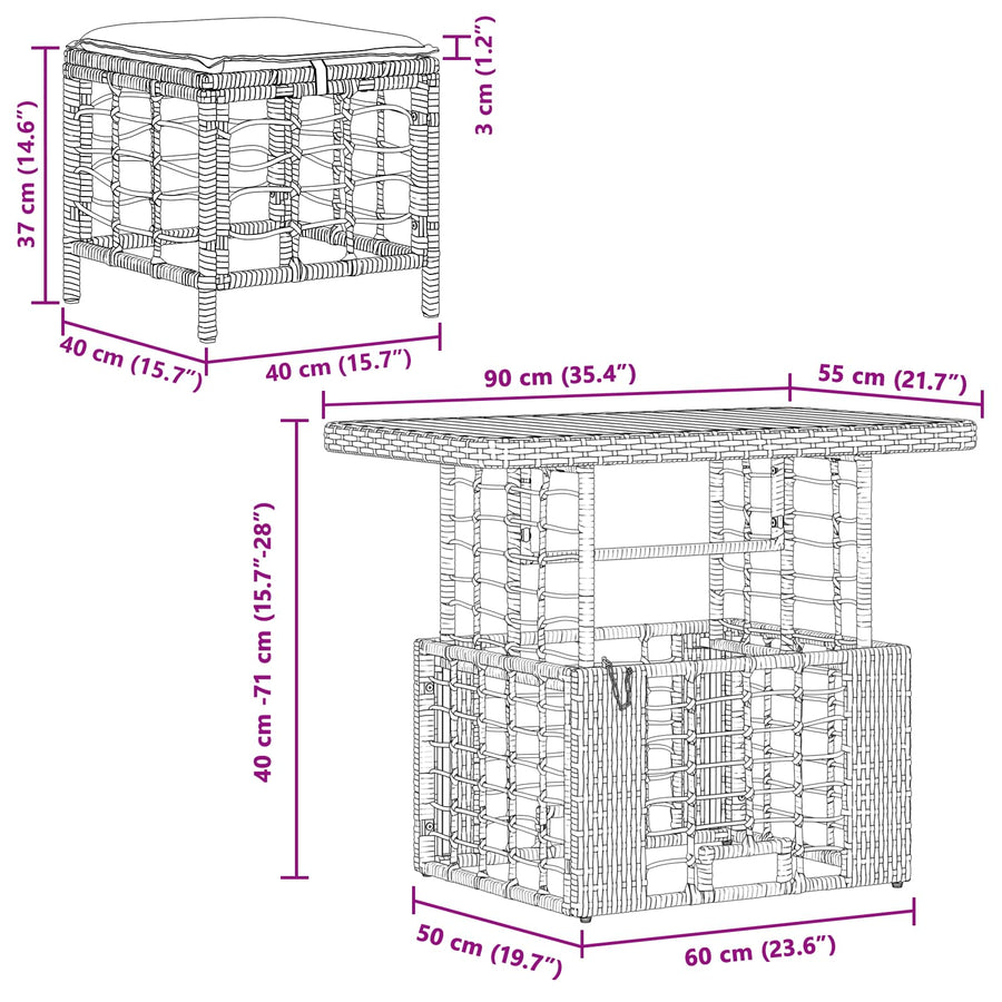 Tuin eettafelset 3 pcs Zwart en Grijs Poly Riet en Acaciahout
