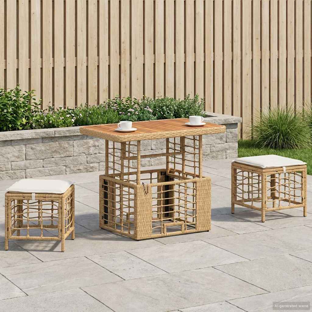 Tuin eettafelset 3 pcs Natuur en Wit Poly Riet en Acaciahout
