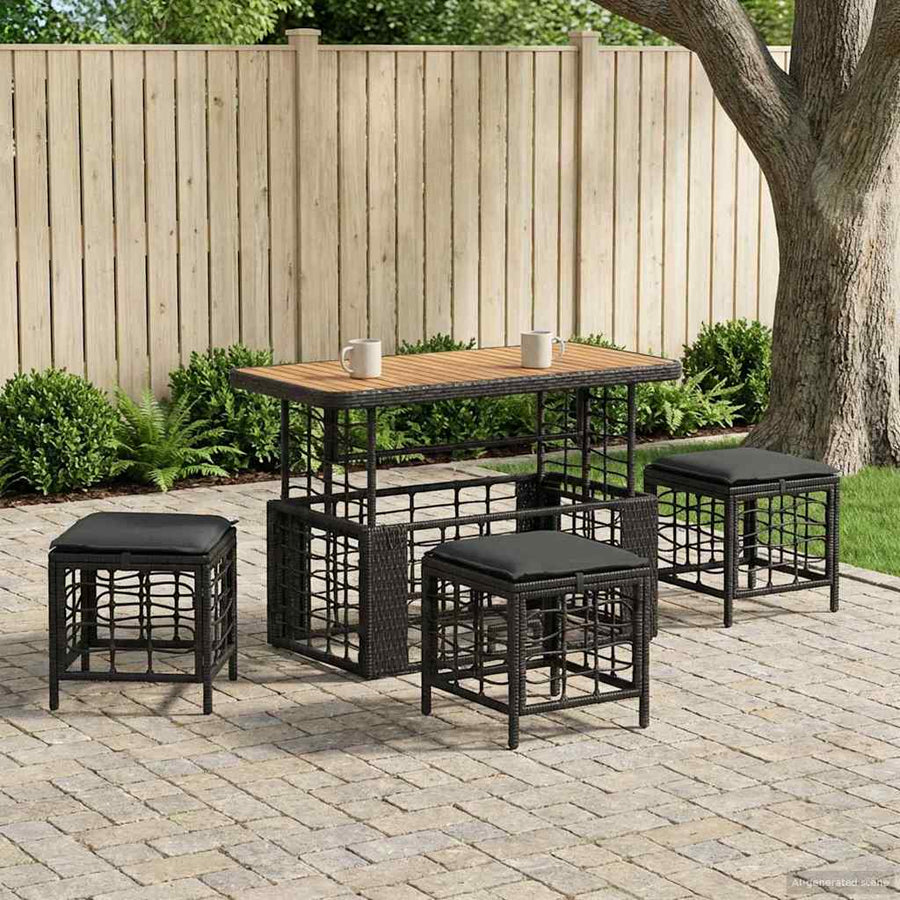 Tuin eettafelset 4 pcs Zwart en Grijs Poly Riet en Acaciahout