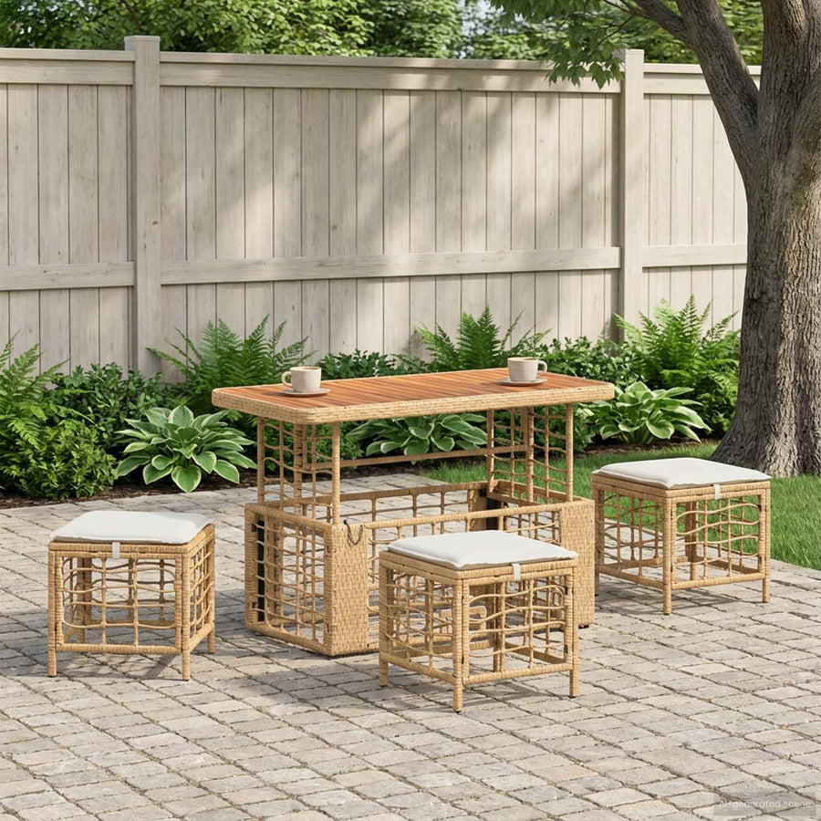 Tuin eettafelset 4 pcs Natuur en Wit Poly Riet en Acaciahout