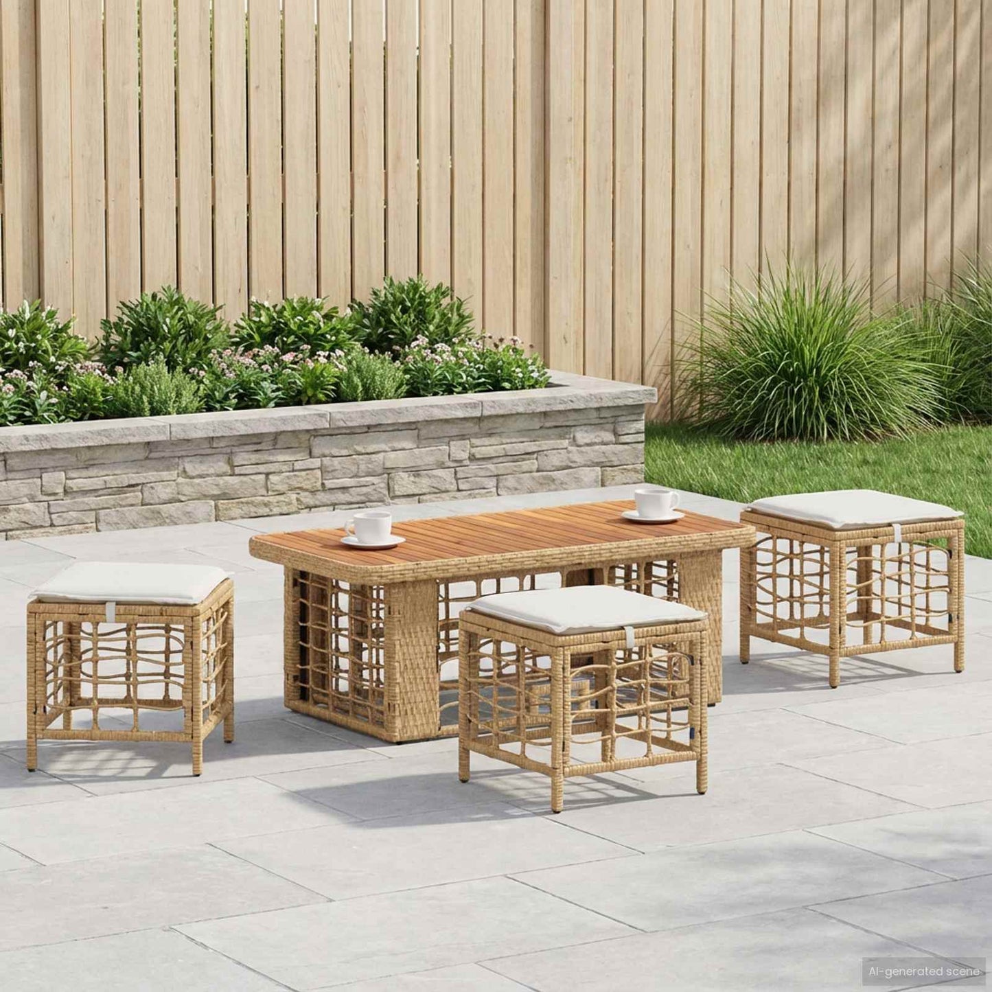 Tuin eettafelset 4 pcs Natuur en Wit Poly Riet en Acaciahout