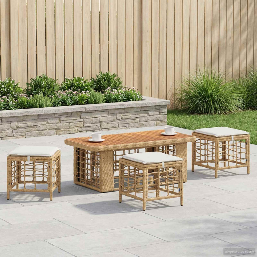 Tuin eettafelset 4 pcs Natuur en Wit Poly Riet en Acaciahout
