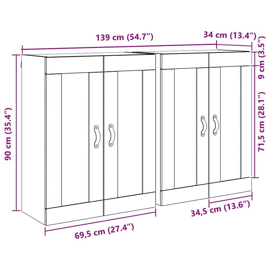 Wandkasten 2 pcs Oud Hout 69,5 x 34 x 90 cm Bewerkt hout