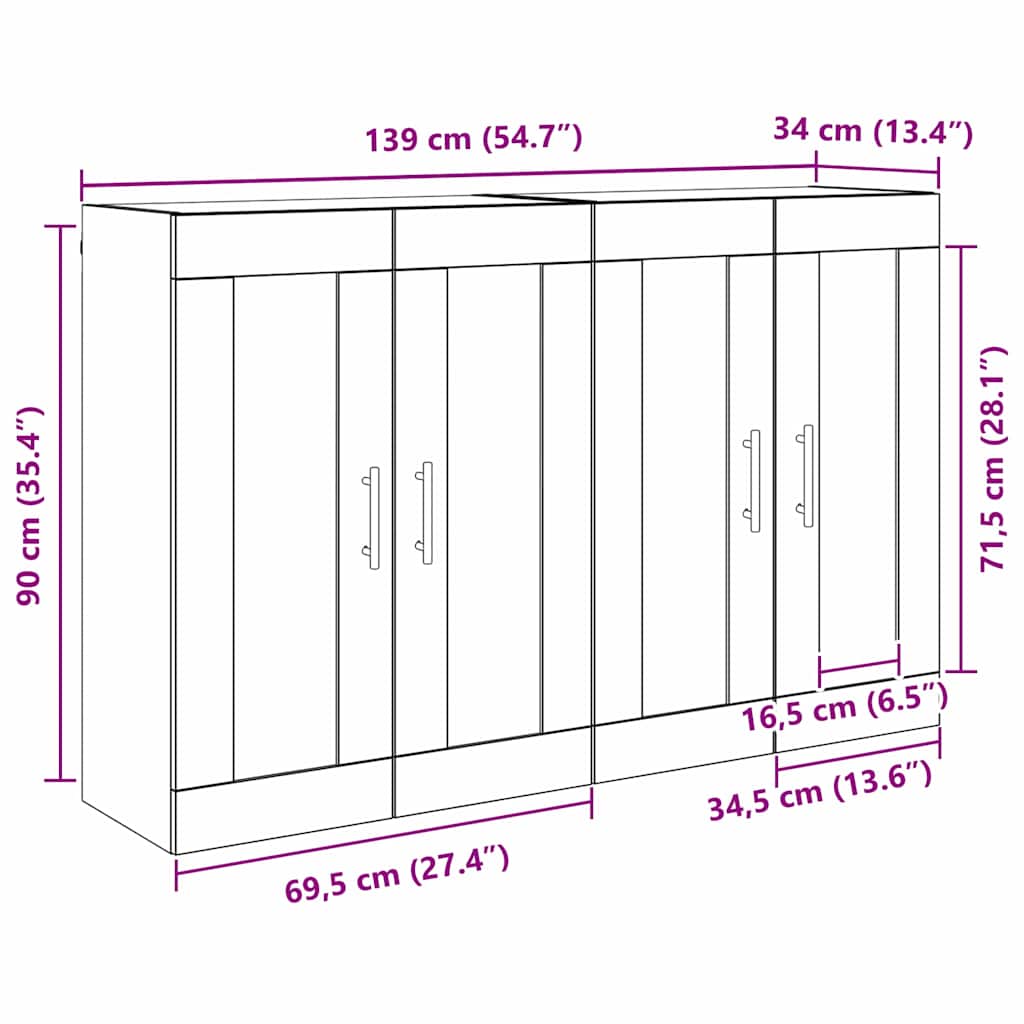 Wandkasten 2 pcs Oud Hout 69,5 x 34 x 90 cm Bewerkt hout