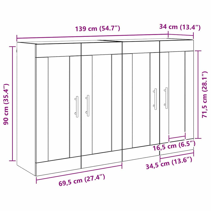 Wandkasten 2 pcs Oud Hout 69,5 x 34 x 90 cm Bewerkt hout
