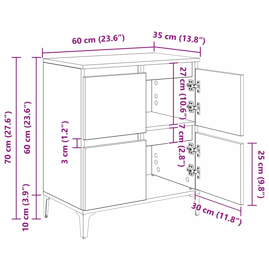 Dressoirs 3 pcs Oud Hout 60 x 35 x 70 cm Bewerkt hout