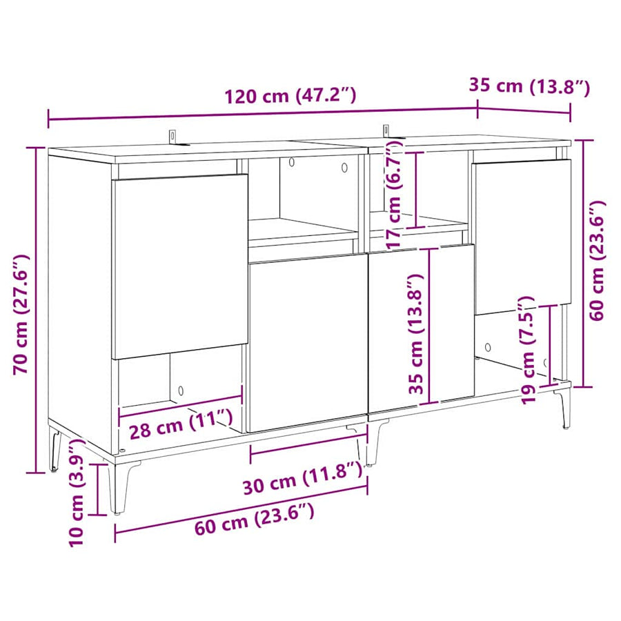 Dressoirs 2 pcs Oud Hout 60 x 35 x 70 cm Bewerkt hout