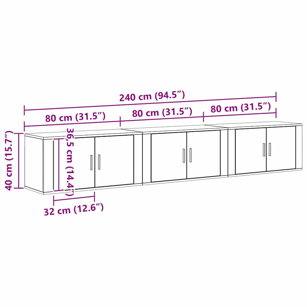 Wandtv-kast Set 3 pcs Zwart Eiken 80 x 34,5 x 40 cm