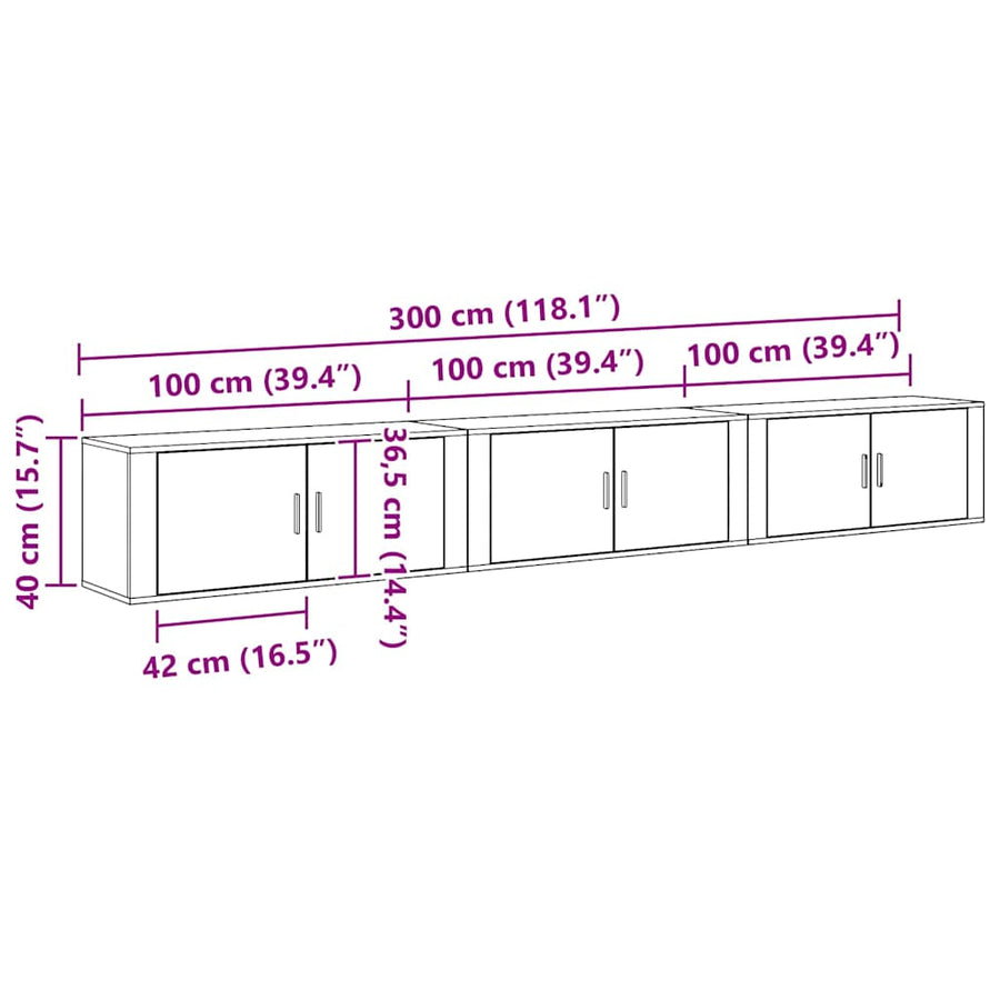 Wandtv-kast Set 3 pcs Zwart Eiken 100 x 34,5 x 40 cm