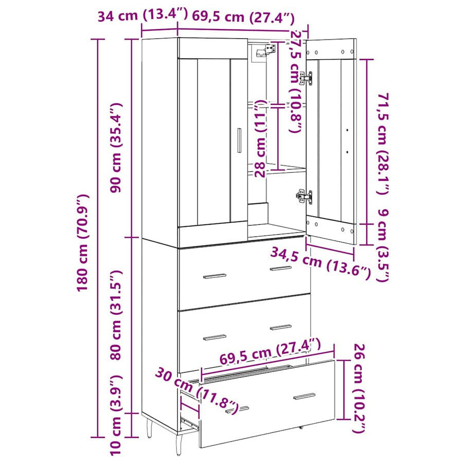 Hoge kast met lade 2 pcs Oud Hout Geengineerd Hout en Glas