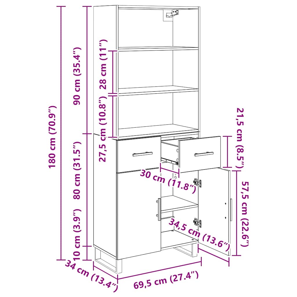 Hoge kast Oud Hout 69,5 x 34 x 180 cm Geengineerd Hout en Glas