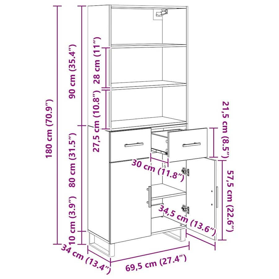 Hoge kast Oud Hout 69,5 x 34 x 180 cm Geengineerd Hout en Glas