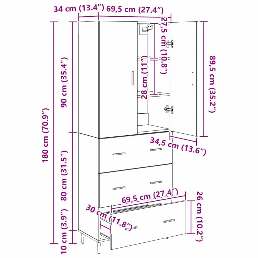 Hoge kast Oud Hout 69,5 x 34 x 180 cm Geengineerd Hout en Glas