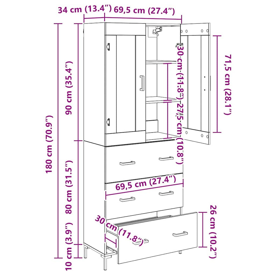 Highboard met lade Oud Hout 69,5 x 34 x 180 cm Bewerkt hout