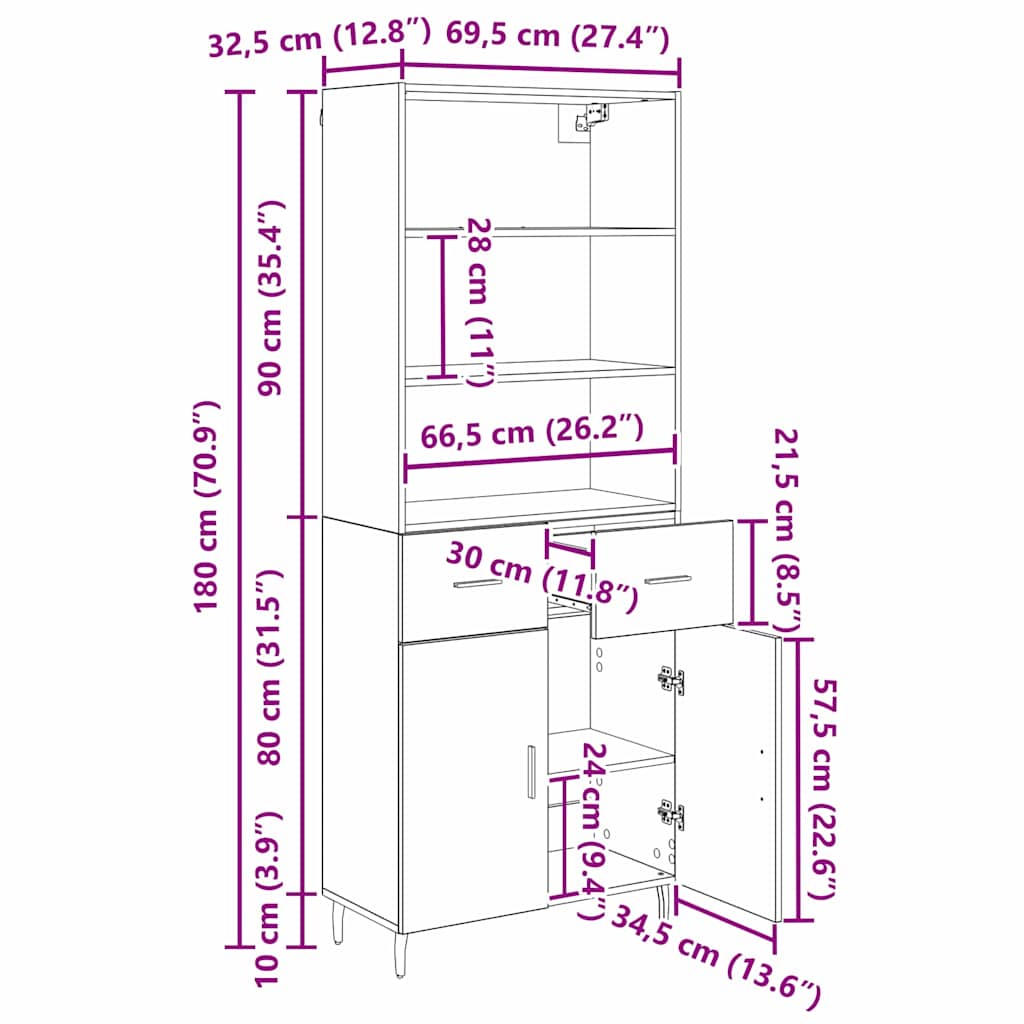 Hoge kast Oud Hout 69,5 x 34 x 180 cm Geengineerd Hout en Glas