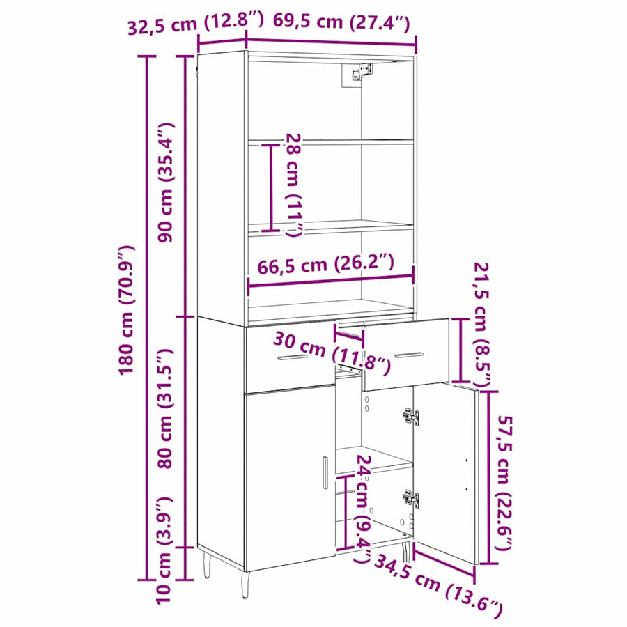 Hoge kast Oud Hout 69,5 x 34 x 180 cm Geengineerd Hout en Glas