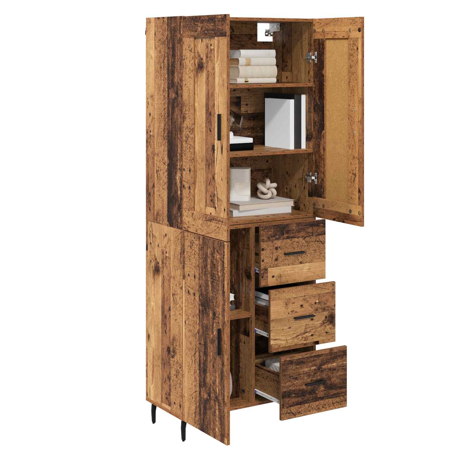 Hoge kast met lade 2 pcs Oud Hout Geengineerd Hout en Glas
