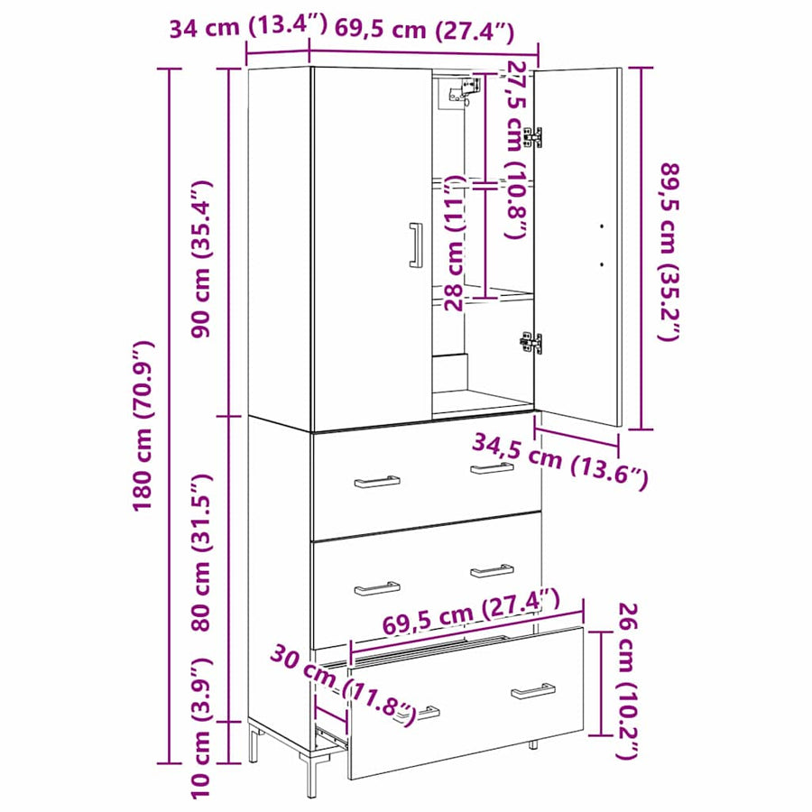 Highboard met lade Oud Hout 69,5 x 34 x 180 cm Bewerkt hout