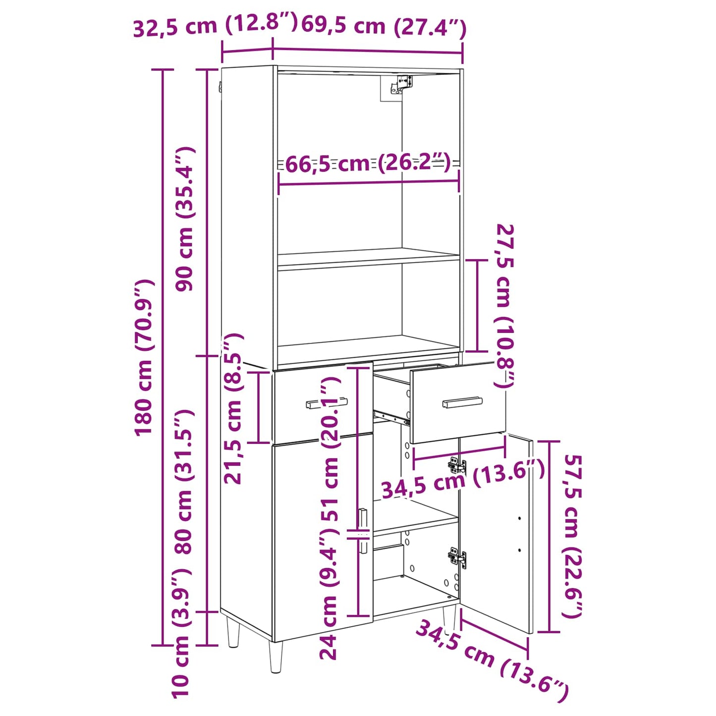 Hoge kast met lade Oud Hout 69,5 x 32,5 x 180 cm Bewerkt hout