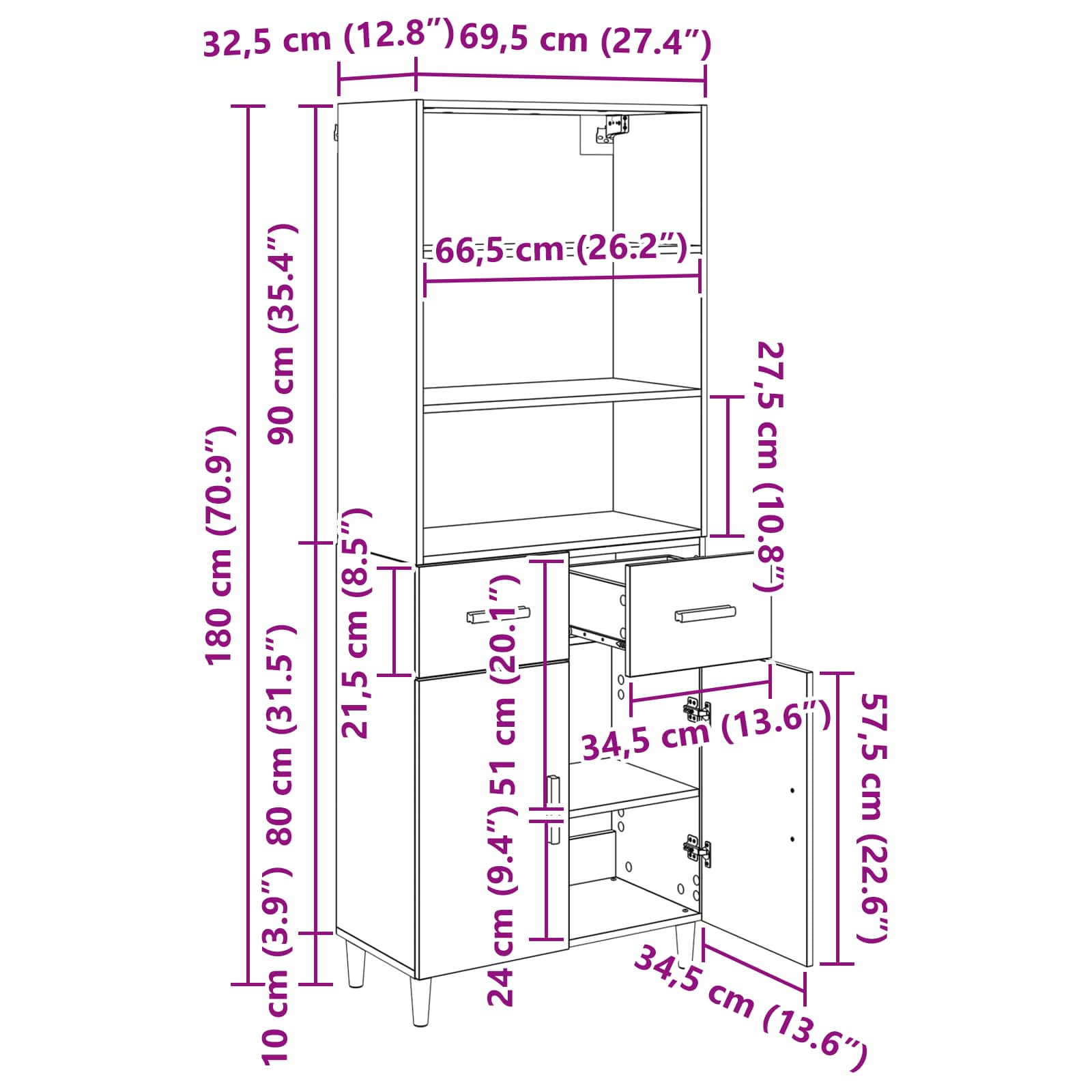 Hoge kast met lade Oud Hout 69,5 x 32,5 x 180 cm Bewerkt hout