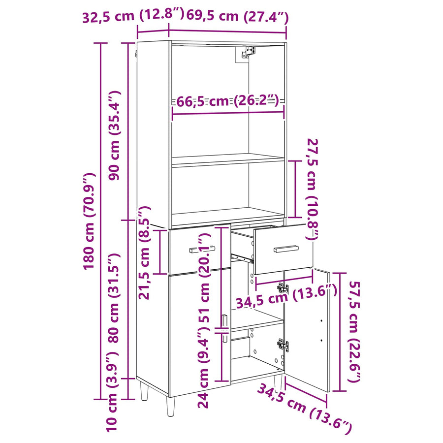 Hoge kast met lade Oud Hout 69,5 x 32,5 x 180 cm Bewerkt hout