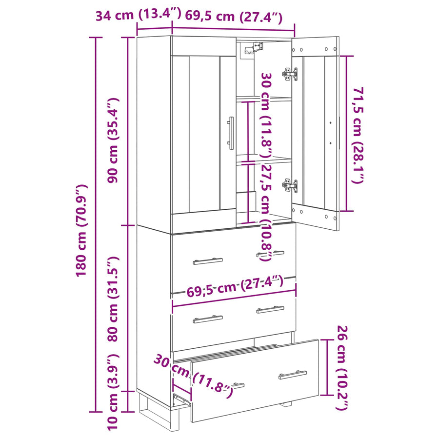 Hoge kast Oudhout 69,5 x 34 x 180 cm Bewerkt hout