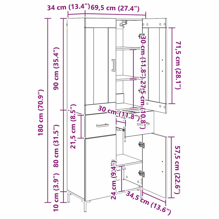 Hoge kast 2 pcs Oudhout 69,5 x 34 x 180 cm Bewerkt hout