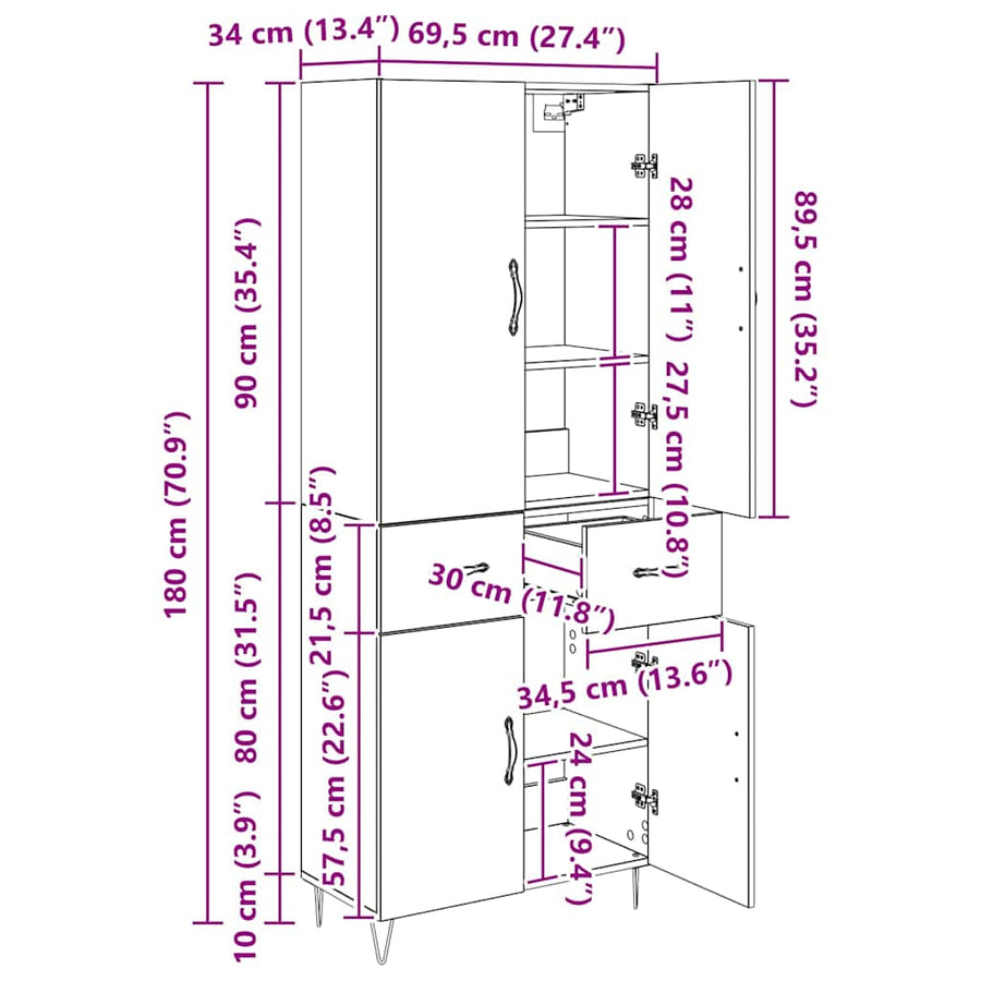 Hoge kast met lade 2 pcs Oud Hout Geengineerd Hout en Glas