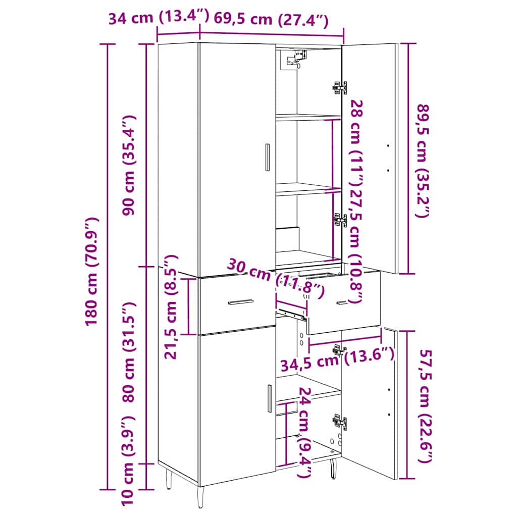 Hoge kast Oud Hout 69,5 x 34 x 180 cm Geengineerd Hout en Glas