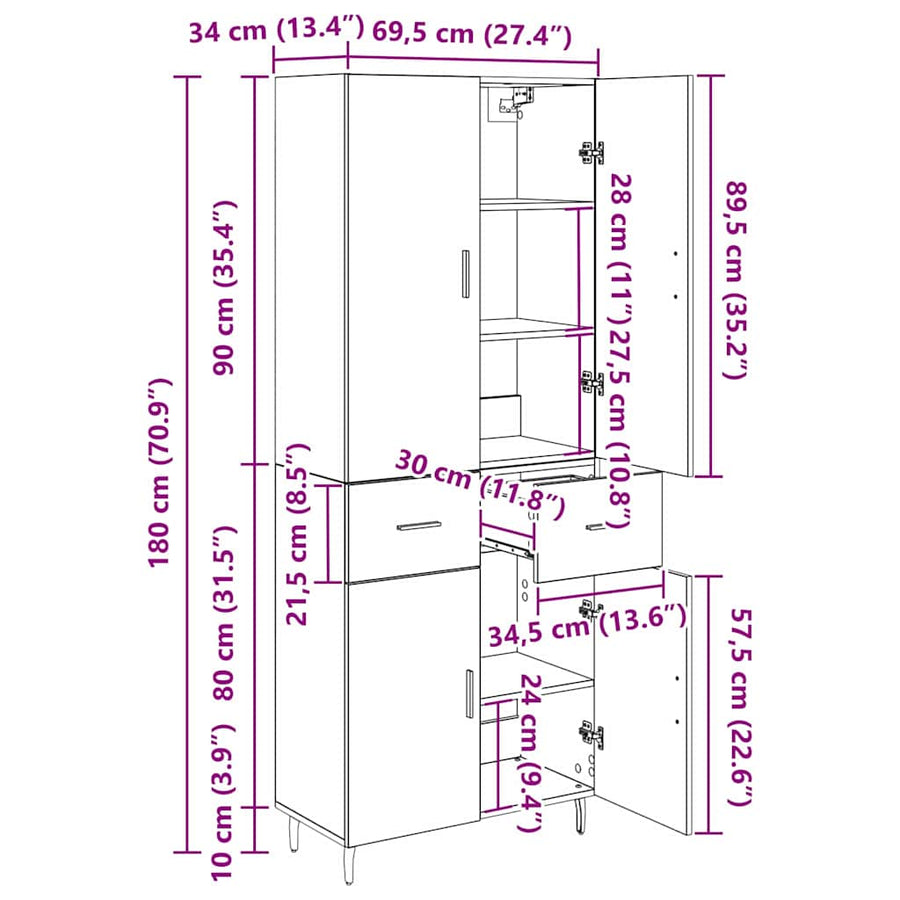 Hoge kast Oud Hout 69,5 x 34 x 180 cm Geengineerd Hout en Glas